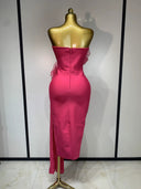 Hot Pink Bandage Midi Dress with Chiffon Floral Details