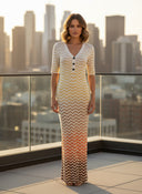 Elegant V-Neck Color Gradient Short Sleeve Wavy Knit Long Dress