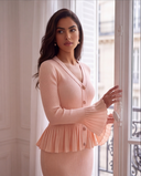 Blush Peach Rib-Knit Peplum Cardigan & Pleated Maxi Skirt Set with Jewel Buttons