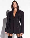 Black Oversized Corset Lace-Up Blazer with Peak Lapels