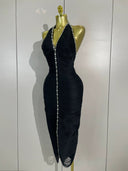 Black Crystal Detail Halter Midi Dress