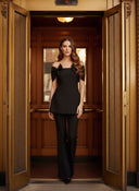 Solid Two-Piece Slash Neck Bow Top & High Waist Pants Set