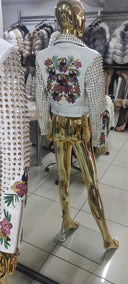 GIACCA BIKER IN VERA PELLE RICAMATA IN BIANCO