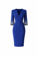 Rhinestone Beaded V-Neck Half Sleeve Knit Midi Dress