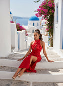 Red Floral Appliqué Midi Dress