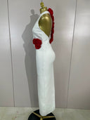 White Rose Detail Halter Midi Dress