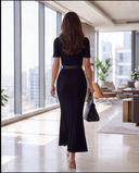 Black Rib-Knit Belted Maxi Dress with Contrast Collar
