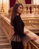 Black Rib-Knit Peplum Cardigan & Pleated Maxi Skirt Set with Jewel Buttons