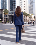 Indigo Denim-Look Blazer & Flared Trousers Set with Gold Buttons