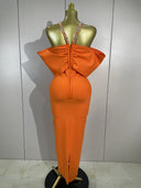Orange Crystal Bow Off Shoulder Bandage Midi Dress