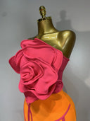 Orange & Pink 3D Rose Bandage Midi Dress
