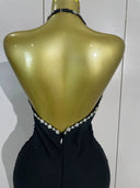 Black Crystal Detail Halter Midi Dress