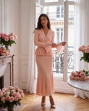 Blush Peach Rib-Knit Peplum Cardigan & Pleated Maxi Skirt Set with Jewel Buttons