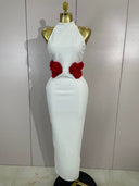 White Rose Detail Halter Midi Dress