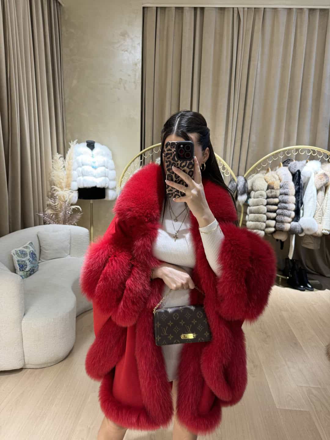 Fox Fur Cashmere Poncho in red
