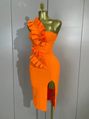 Orange One Shoulder Ruffle Bandage Dress