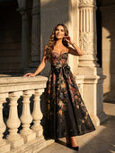 Midnight Floral Corset Maxi Dress with Bow