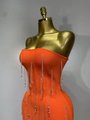 Orange Crystal Fringe Bandage Midi Dress