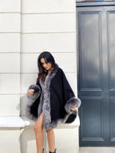 Silver Fox Fur Cashmere Poncho in black