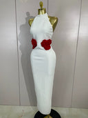 White Rose Detail Halter Midi Dress