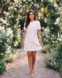 Ivory 3D Floral Appliqué Short-Sleeve Mini Dress with Crystal Drops