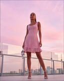 Baby Pink Crochet-Knit Fit & Flare Mini Dress with Crystal Studs