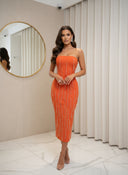 Orange Crystal Fringe Bandage Midi Dress