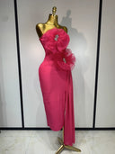 Hot Pink Bandage Midi Dress with Chiffon Floral Details
