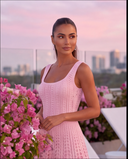 Baby Pink Crochet-Knit Fit & Flare Mini Dress with Crystal Studs