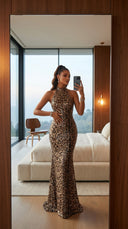 Leopard Luxe Halter Sequin Gown