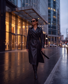 Black Faux Leather Belted Trench Coat