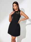 Embellished Black Mini Dress with Butterfly Appliqué
