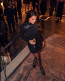Black Beaded & Sequin Embellished Long-Sleeve Mini Dress