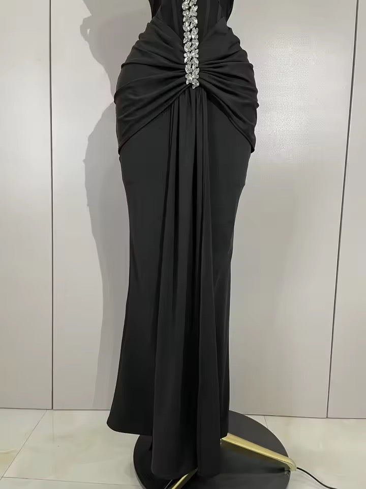 Crystal Embellished Off-Shoulder Maxi Dress – Black