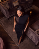Black Mock-Neck Draped Maxi Dress with Gold Zip Slit