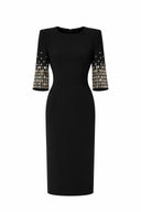 Rhinestone Beaded O-Neck Half Sleeve Knit Midi Dress