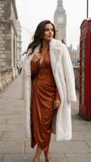 Copper Draped Collar Plunge Midi Dress