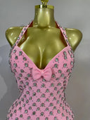 Pink Crystal Halter Bandage Mini Dress