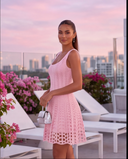 Baby Pink Crochet-Knit Fit & Flare Mini Dress with Crystal Studs