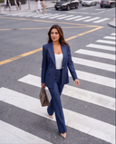 Indigo Denim-Look Blazer & Flared Trousers Set with Gold Buttons