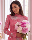 Pink Pearl & Silver Sequin Embellished Long-Sleeve Mini Dress