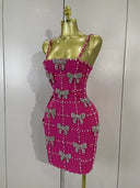Hot Pink Pearl & Crystal Bow Mini Dress
