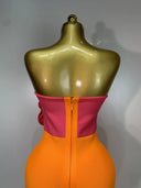 Orange & Pink 3D Rose Bandage Midi Dress