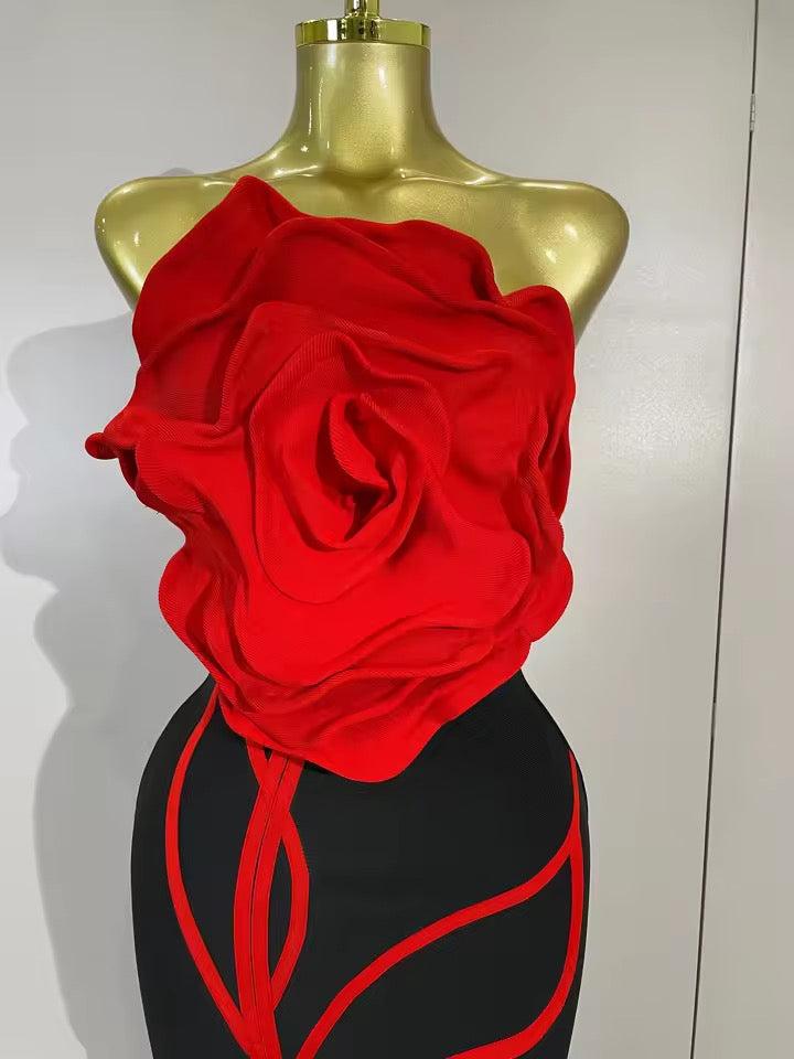 Crimson Bloom Strapless Midi Dress