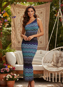 One Shoulder Chevron Knit Maxi Dress – Midnight Multi Blue
