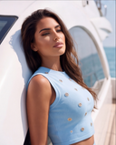 Sky Blue Knit Top & Ruffle Midi Skirt Set with Gold Crystal Rings