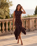 Chocolate Brown Knit Top & Ruffle Midi Skirt Set with Gold Crystal Rings