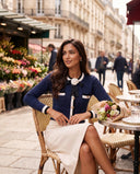Pointelle Knit Cardigan with Contrast Trim, Bow & Flower Brooch