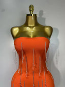 Orange Crystal Fringe Bandage Midi Dress