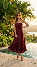 Burgundy 3D Rose Strapless Midi Dress
